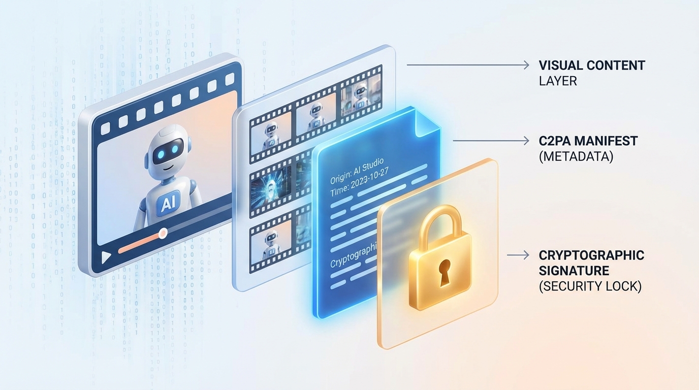 Diagram illustrating C2PA watermarking in AI video marketing