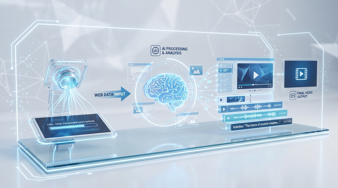 Diagram illustrating URL-to-video AI workflow across crawl, transform, and render stages
