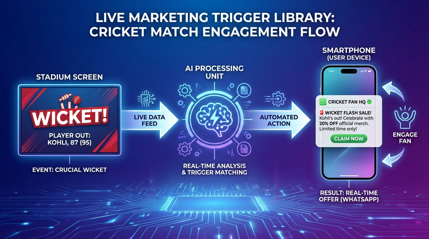 Illustration of AI-driven live cricket moment marketing and flash-offer triggers