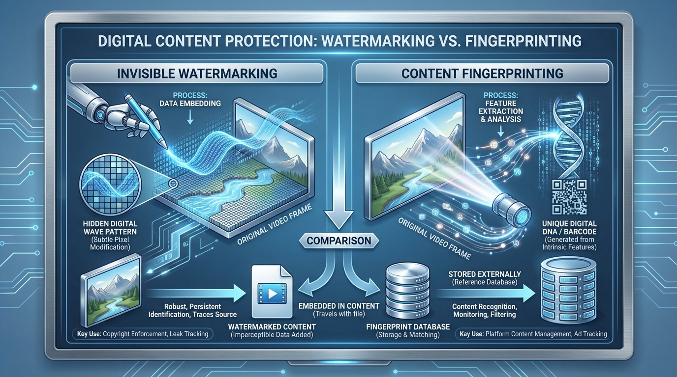 Diagram illustrating AI video watermarking layers and fingerprinting workflow in 2026 for Indian creators and enterprises
