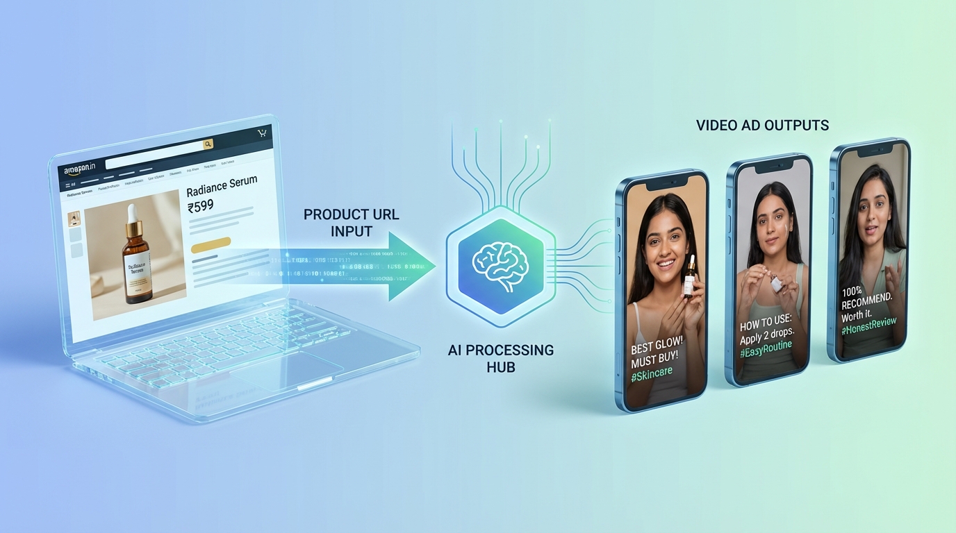 Illustration of AI-driven UGC workflow from product URL to video ads