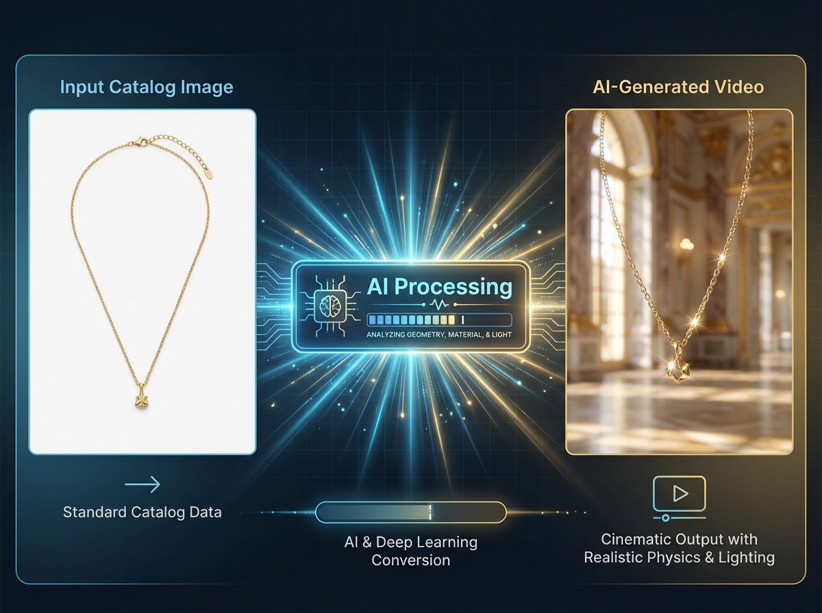 Example of AI-generated jewelry video with macro gemstone and metal fidelity