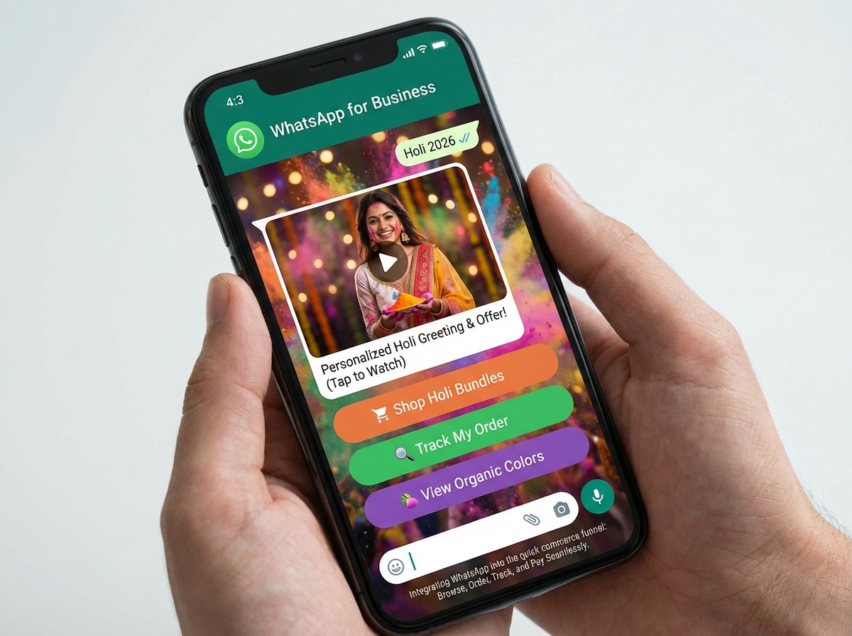 Example WhatsApp commerce flow with live ETA updates for Holi orders