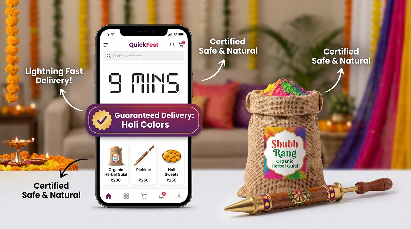 Holi quick commerce platform creatives across Blinkit, Zepto, Instamart