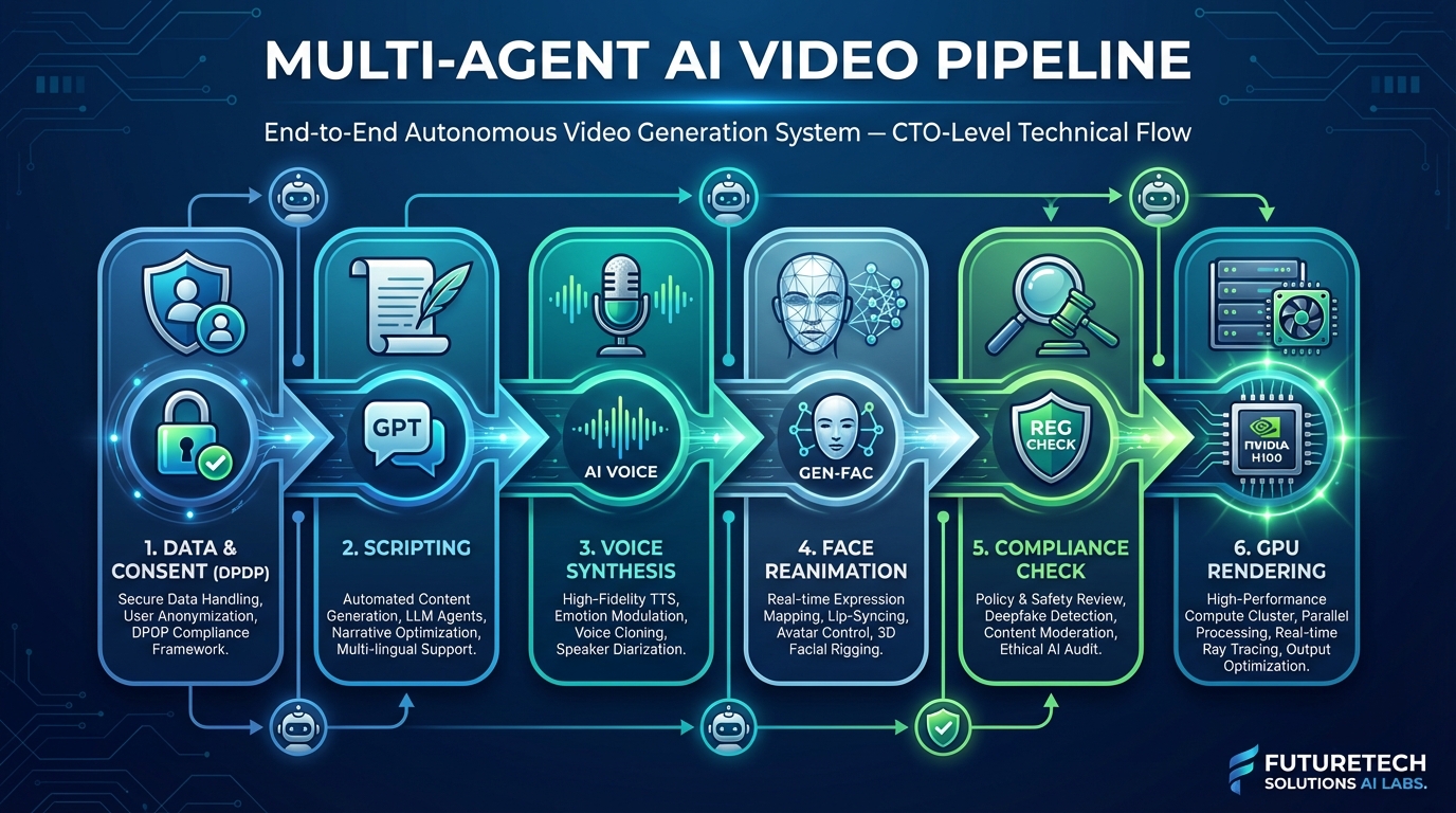 Multi-agent AI workflow coordinating data, script, voice, QA, and rendering