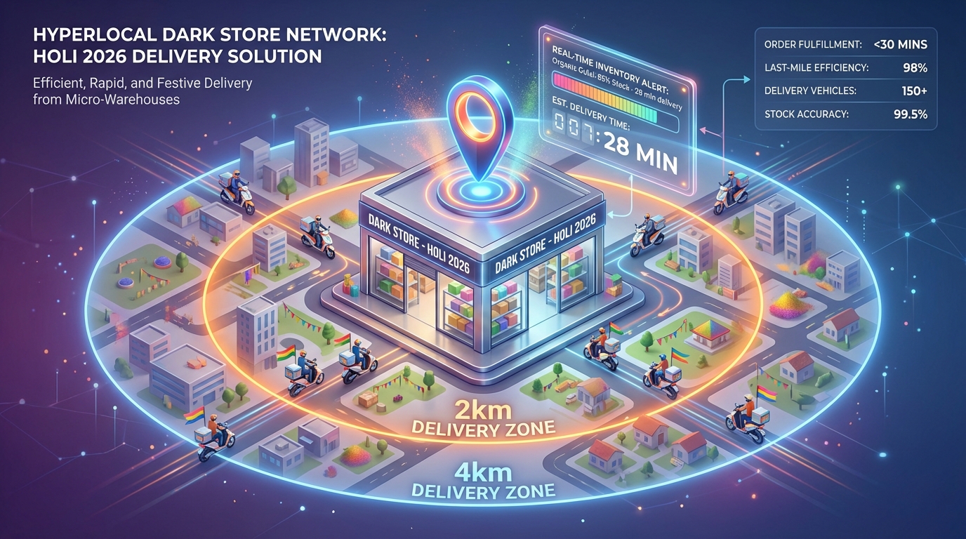 Holi 2026 quick commerce hyperlocal marketing illustration