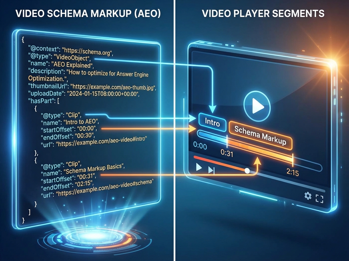 Workflow showing AI video creation, localization, and schema export