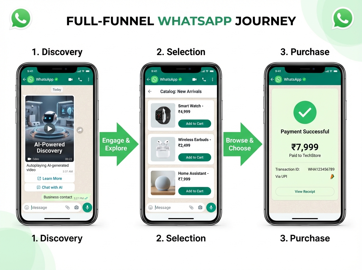 Buyer journey demonstration of personalized WhatsApp AI product video and CTAs