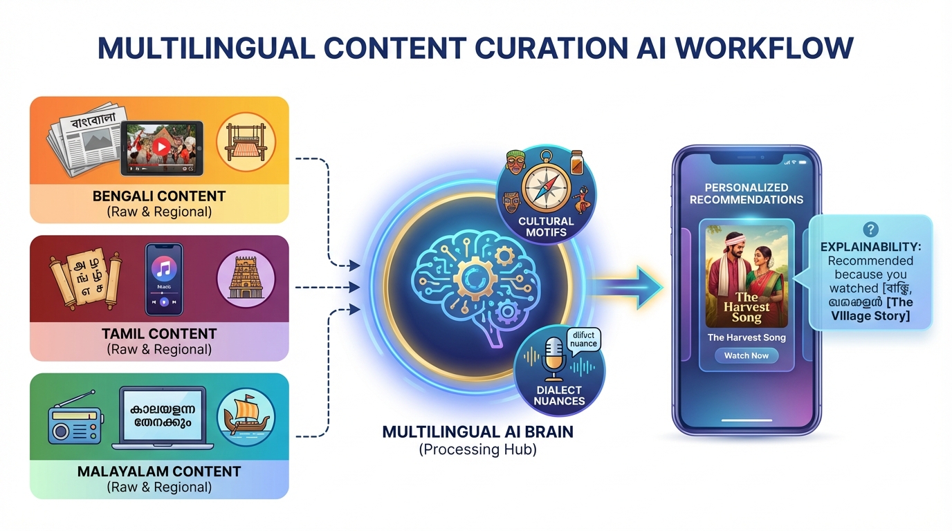 Diagram illustrating multilingual content curation AI for regional OTT discovery