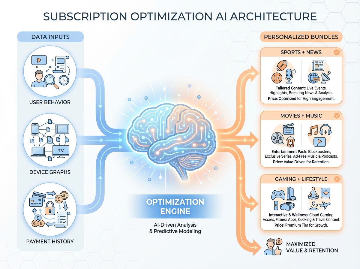 Diagram of subscription optimization AI architecture across data, models, and policy engine