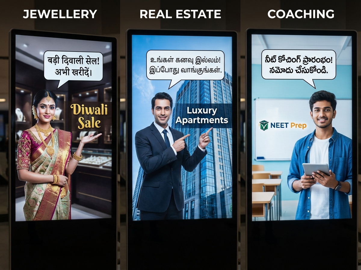 Vertical playbooks for jewellery, real estate, and education using AI spokespeople