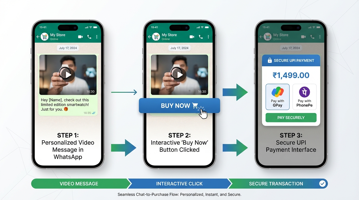 WhatsApp chat-to-purchase video funnel illustration
