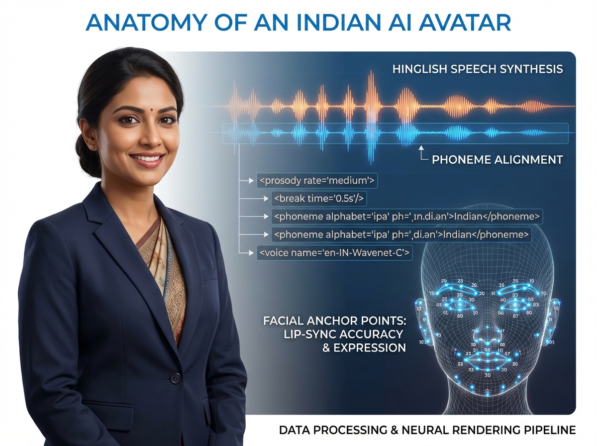 Illustration of Hinglish AI video workflow and avatar voice synthesis