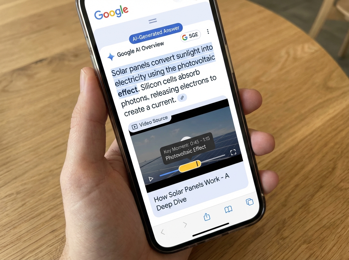 Diagram illustrating answer-first video structure and schema elements for AI Overviews