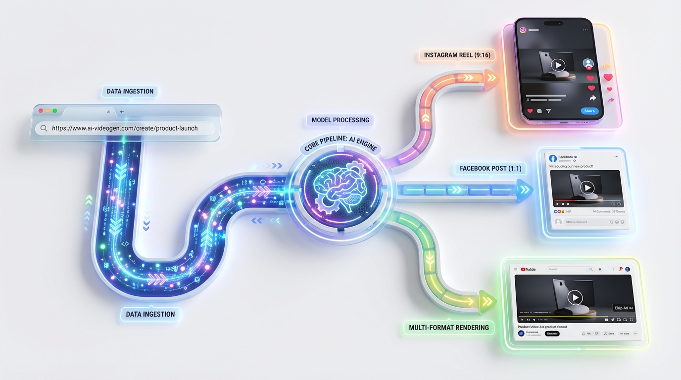 Diagram illustrating URL-to-video AI generator workflow from product URL to multi-aspect ad outputs