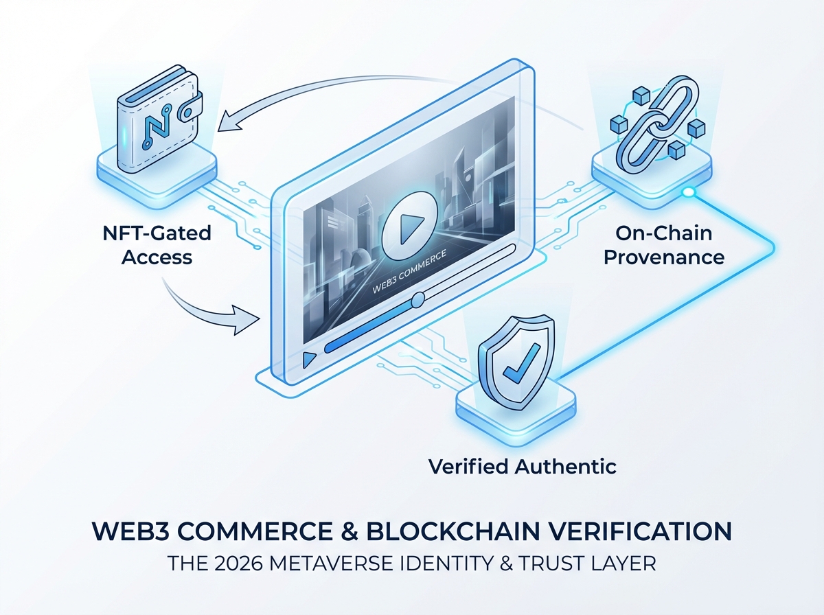 Reference architecture diagram for immersive commerce with 3D content, identity, and trust layers