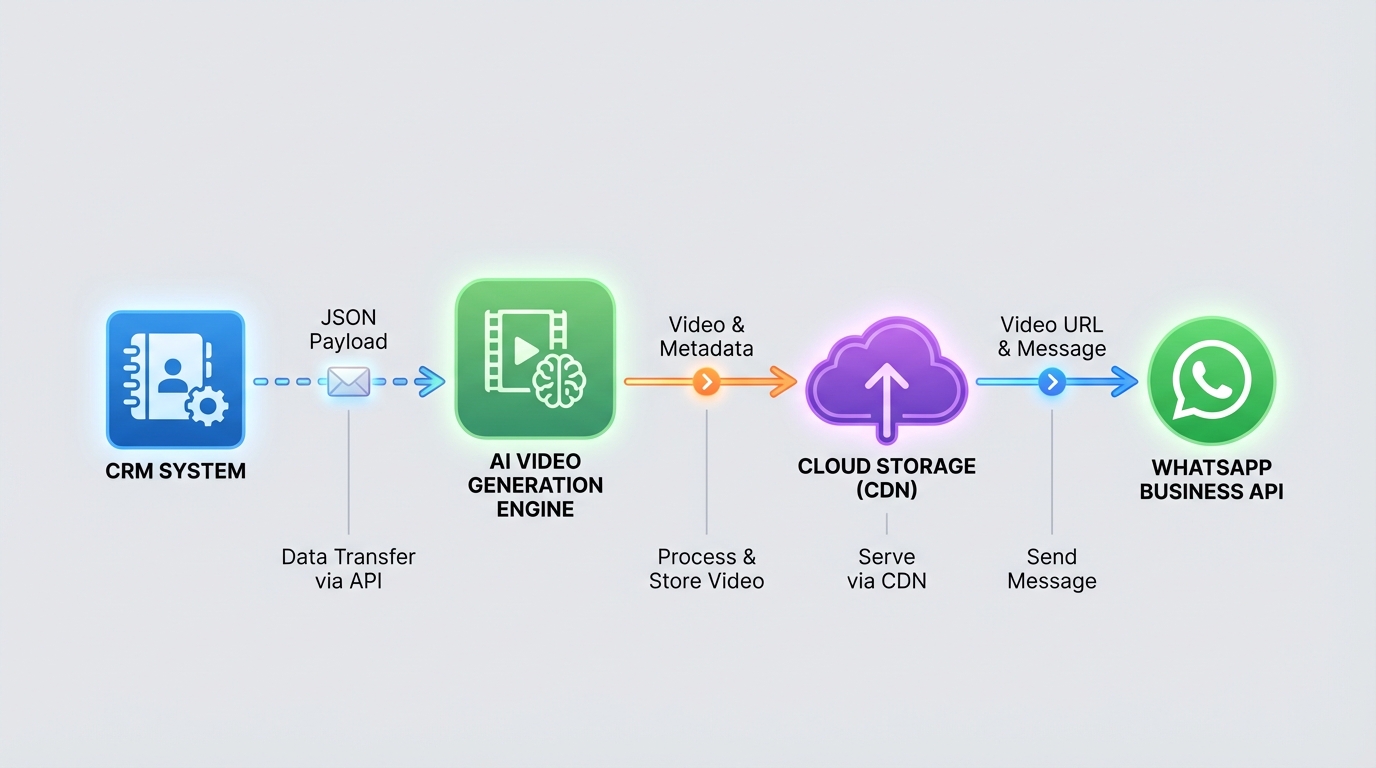 Architecture diagram for AI video personalization integrated with WhatsApp Business API in India