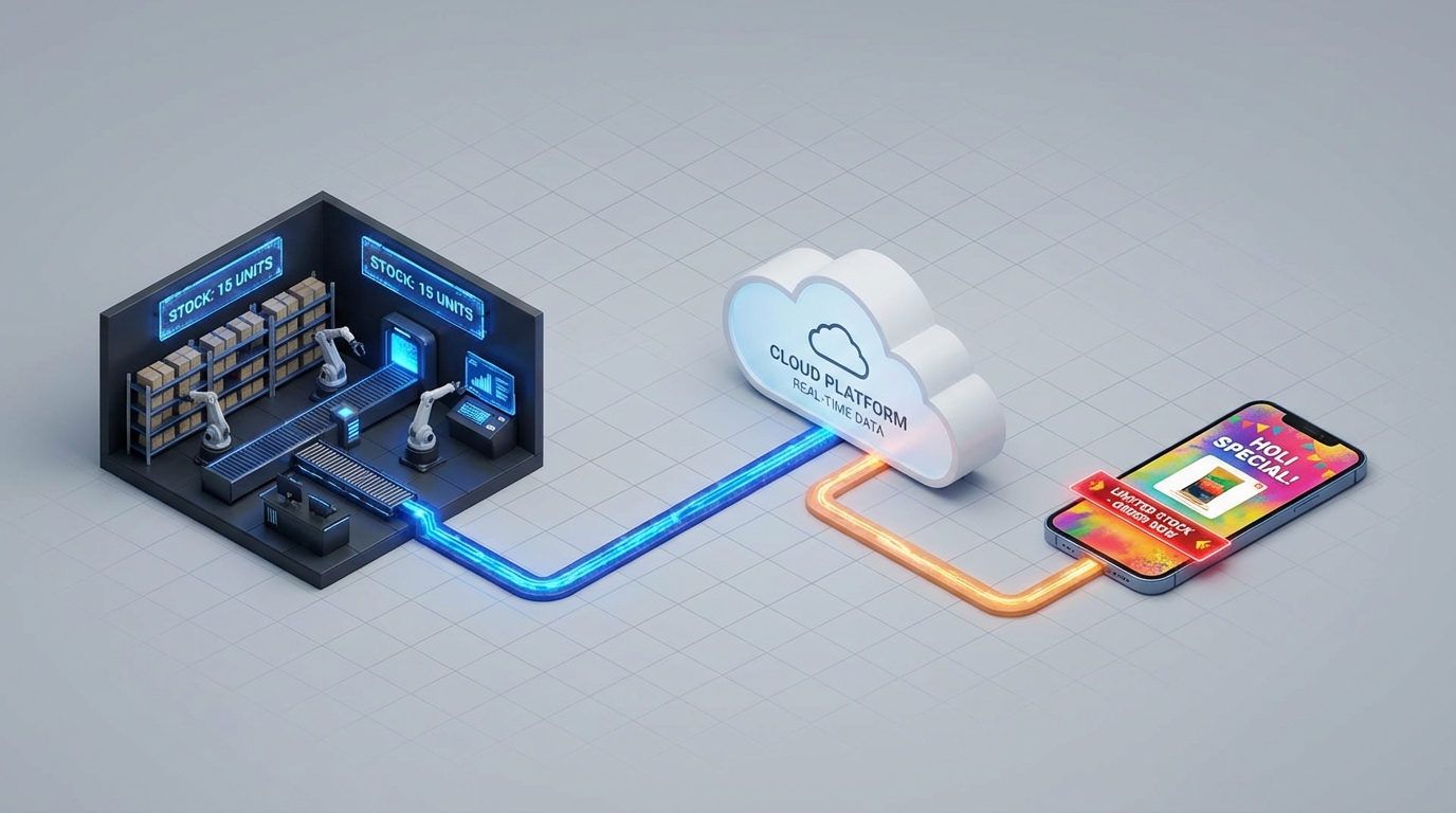Hyperlocal quick commerce automation and inventory-aware creative system diagram