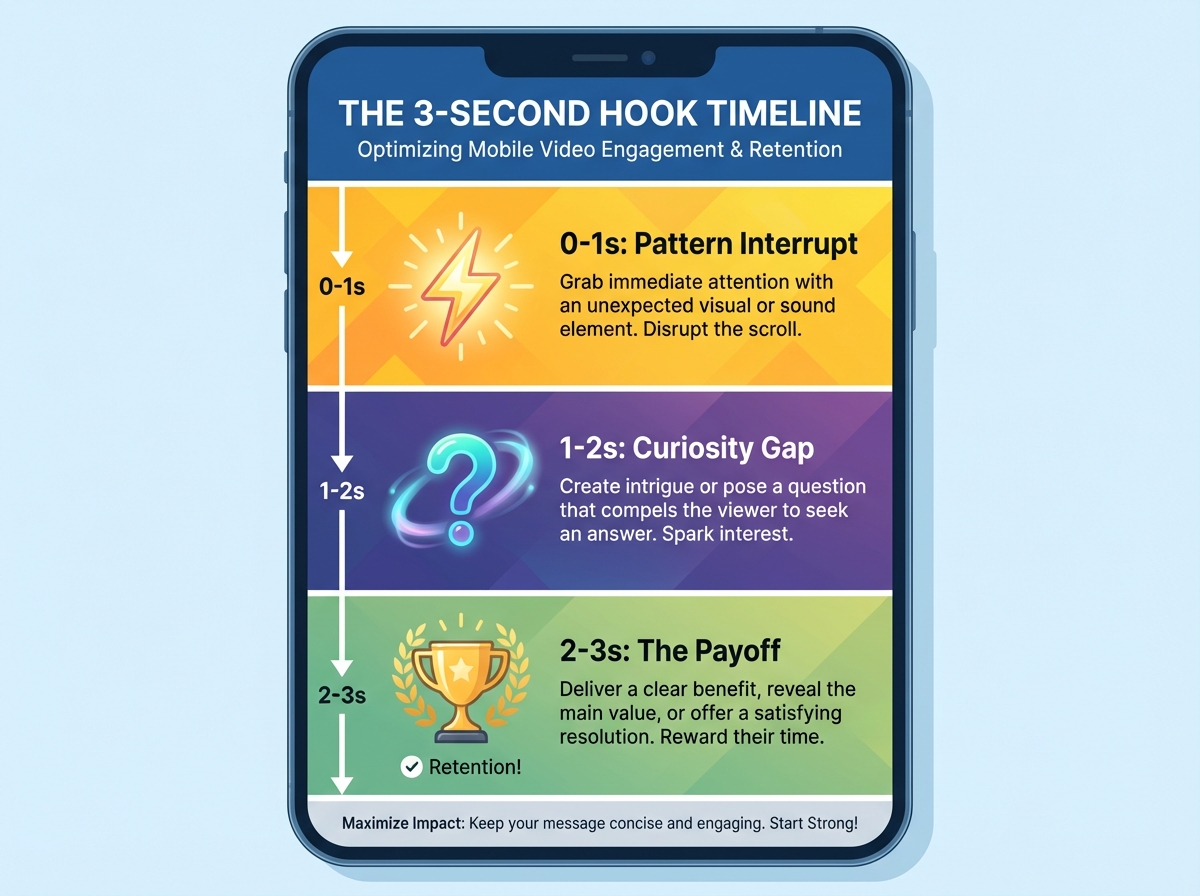 Illustration of high-impact AI video hook patterns for the first three seconds