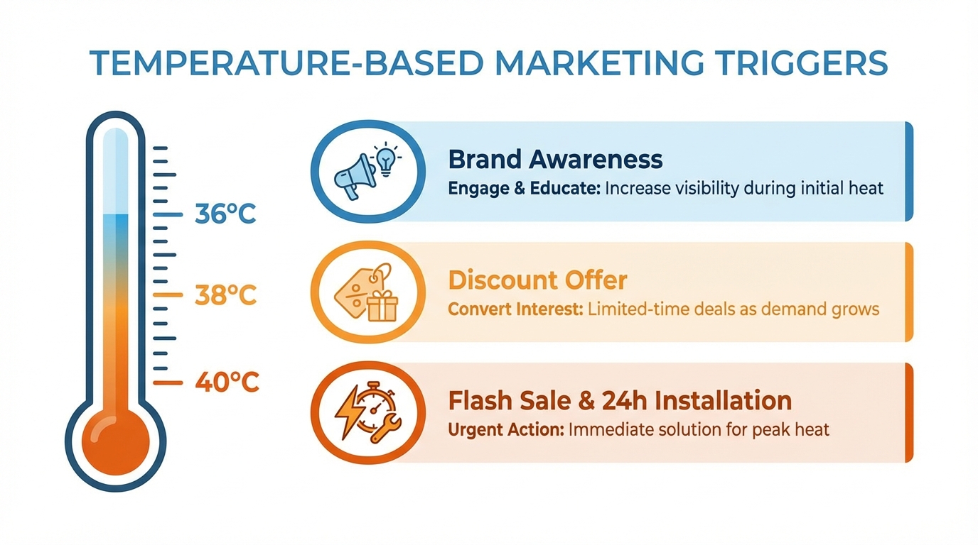 Diagram showing weather-triggered marketing automation thresholds and actions