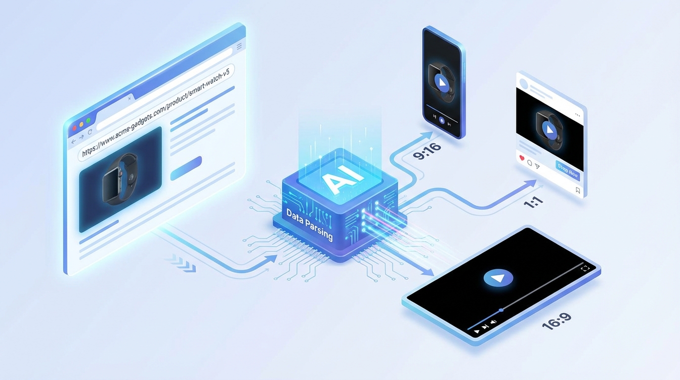 Diagram illustrating web content video automation workflow from URL to rendered video