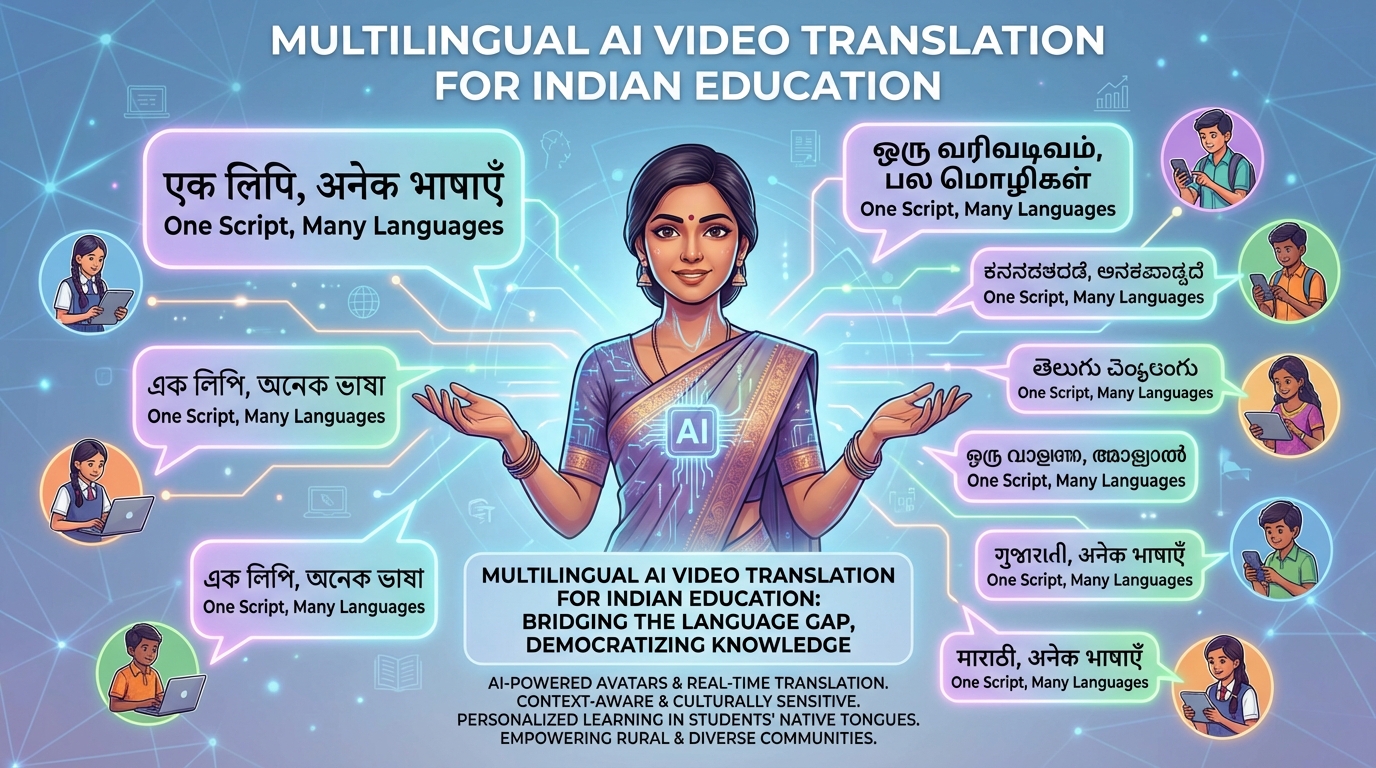 Workflow showing AI avatar-driven course creation and multilingual outputs