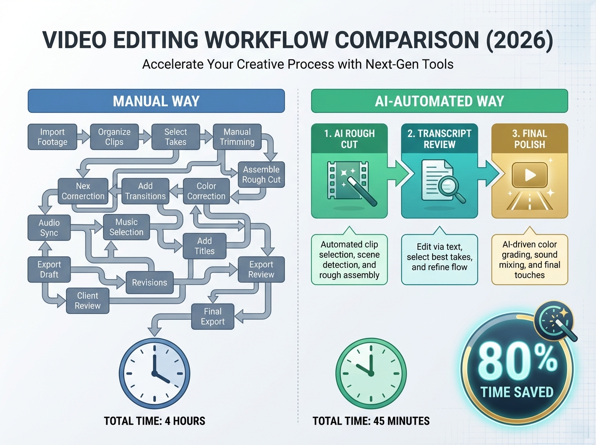 Step-by-step AI editing workflow illustration