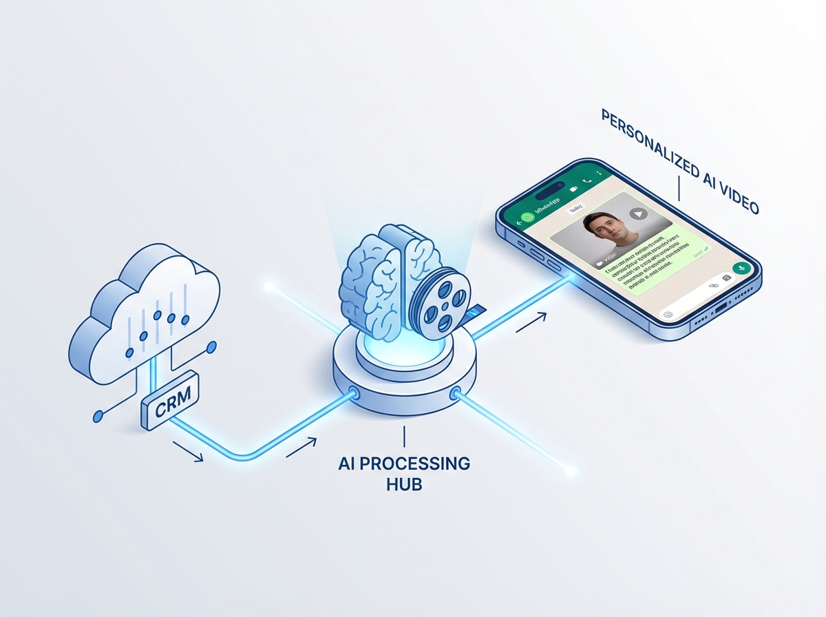 Illustration of AI video workflow integrated with WhatsApp Business API