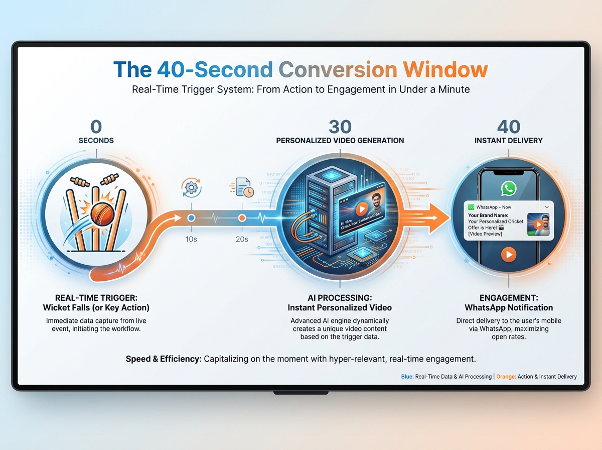 System architecture diagram for real-time cricket commerce and WhatsApp video flows