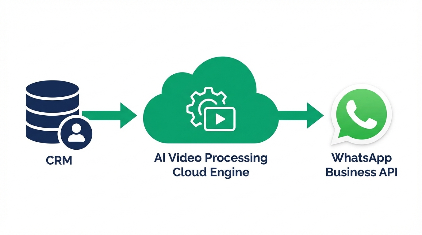 AI video webhook and WhatsApp Business flow diagram