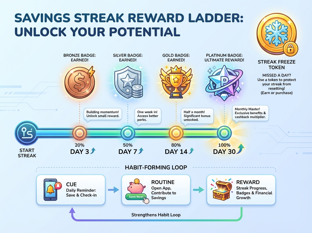 Video-first micro-savings journey with streaks and round-ups visualization