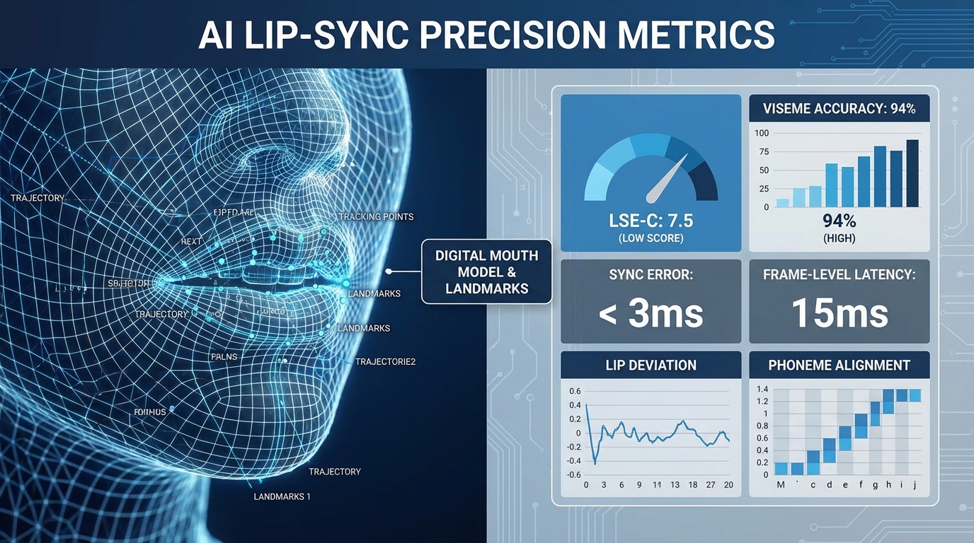 Visualization of AI dubbing accuracy metrics and lip-sync evaluation charts