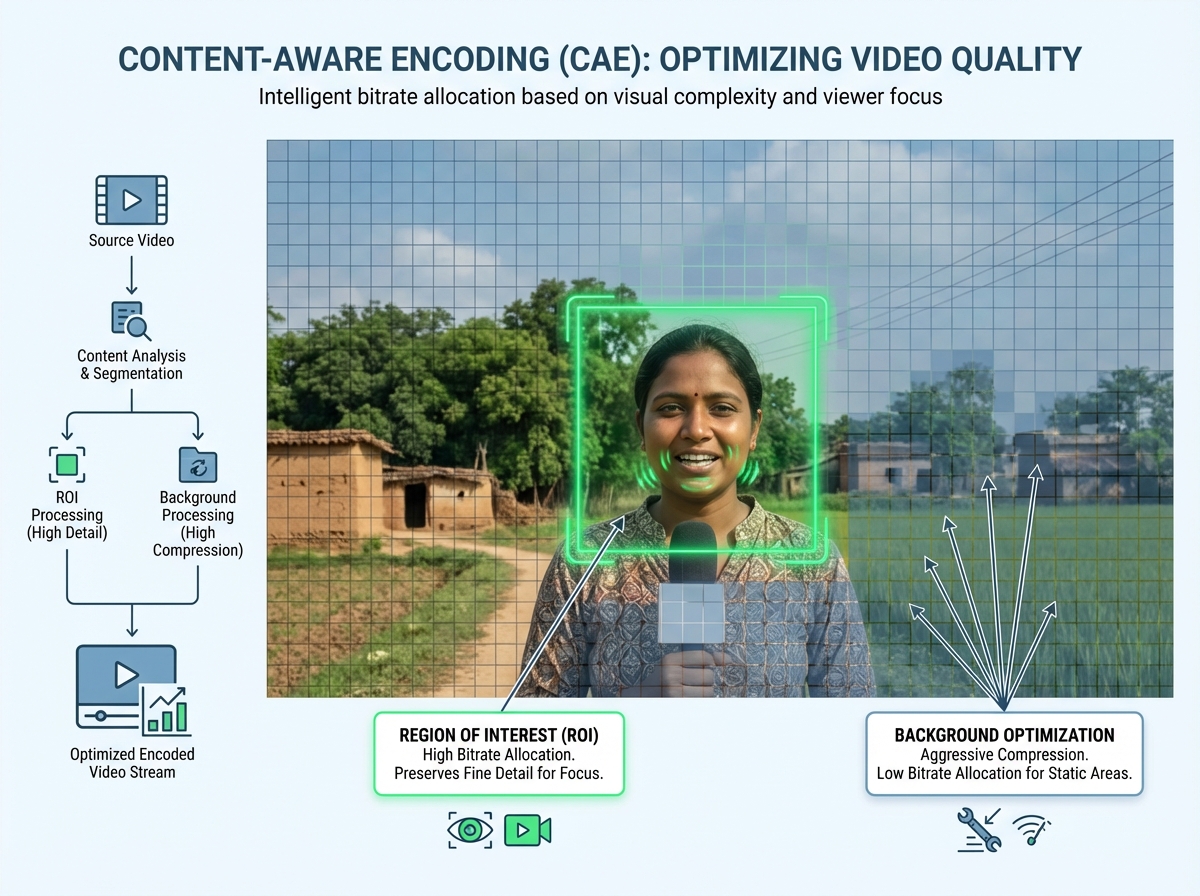 Diagram showing encoding presets and WhatsApp-ready compression workflow for India