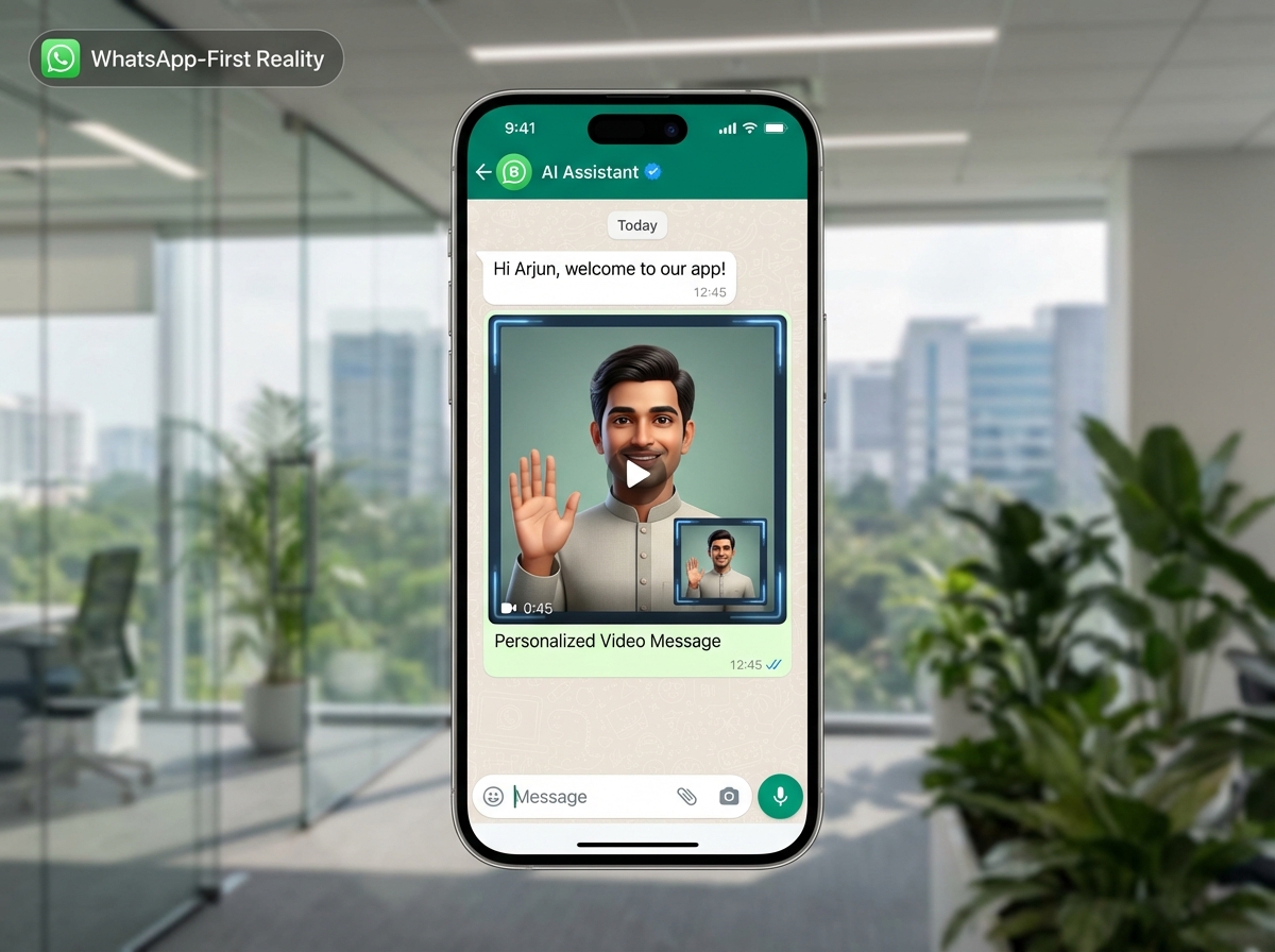 Illustration of automated onboarding video journey across WhatsApp and in-app