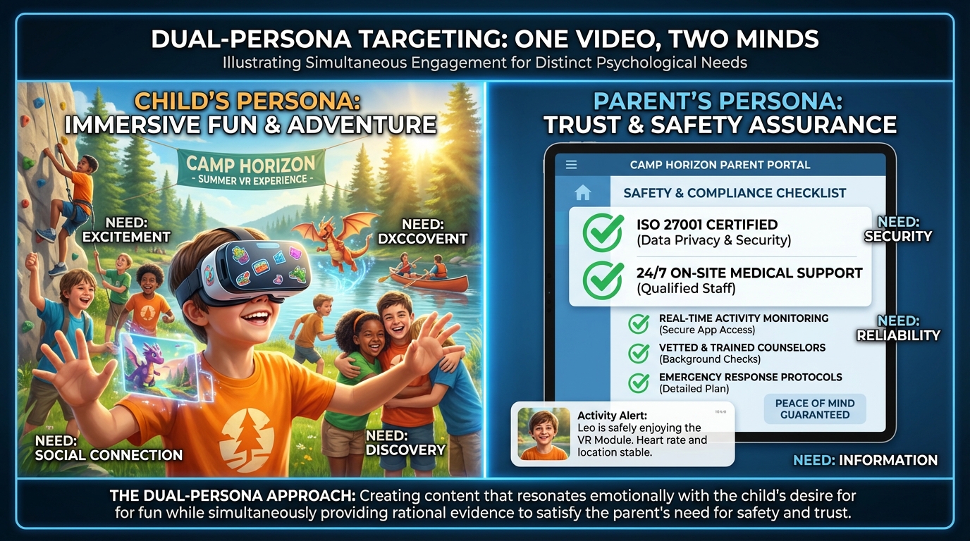 Example frame showing dual-persona summer camp video with child hook and parent safety overlay