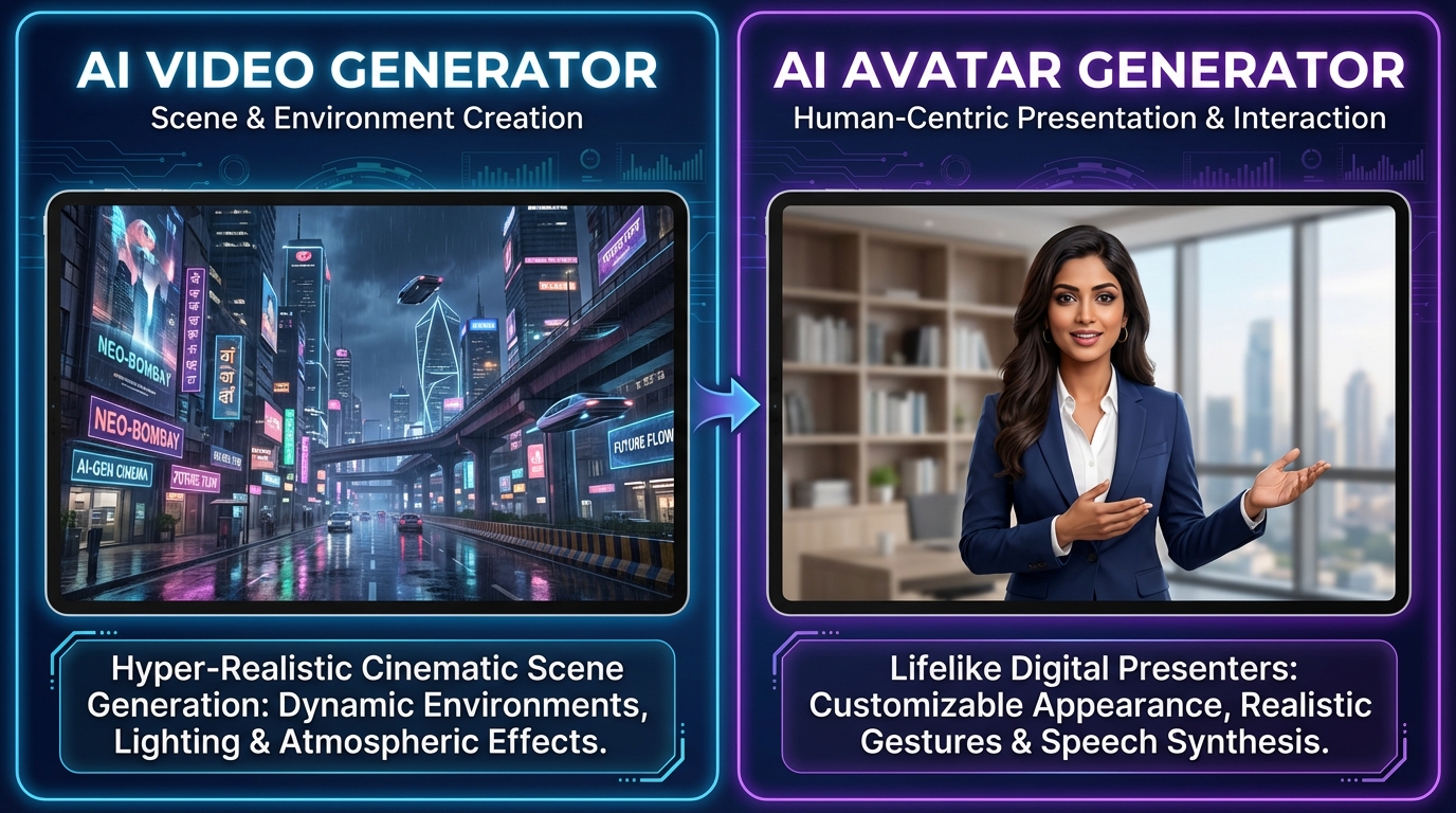 Visual comparison of cinematic AI video generators and AI avatar generators in India 2026