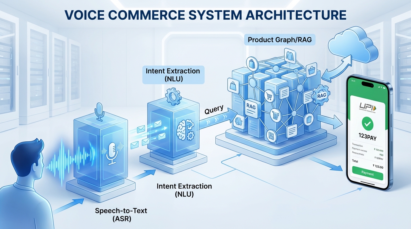 Architecture diagram illustrating ASR, TTS, NLU, RAG, and payments stack for voice commerce