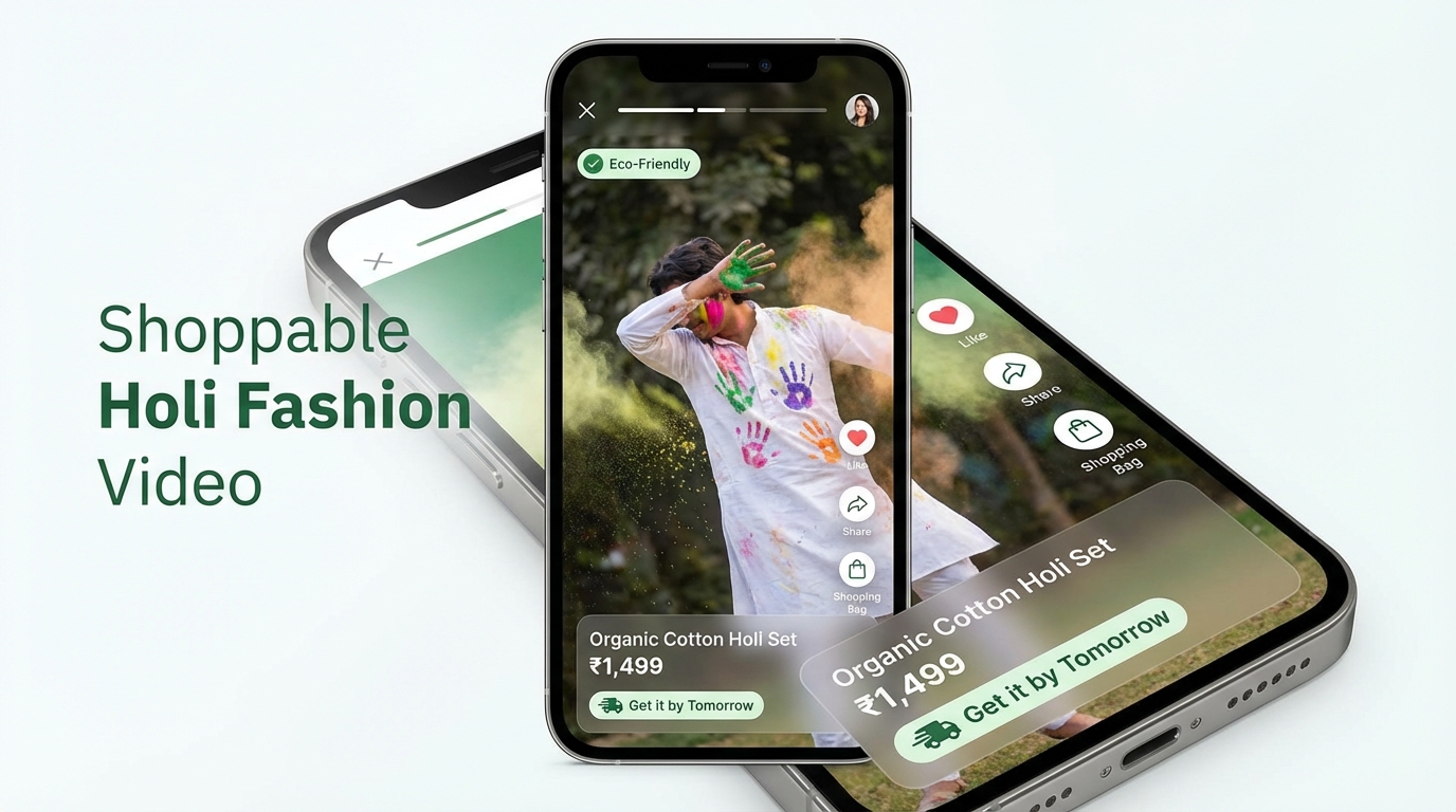 Short-form Holi fashion video and shoppable overlays illustration