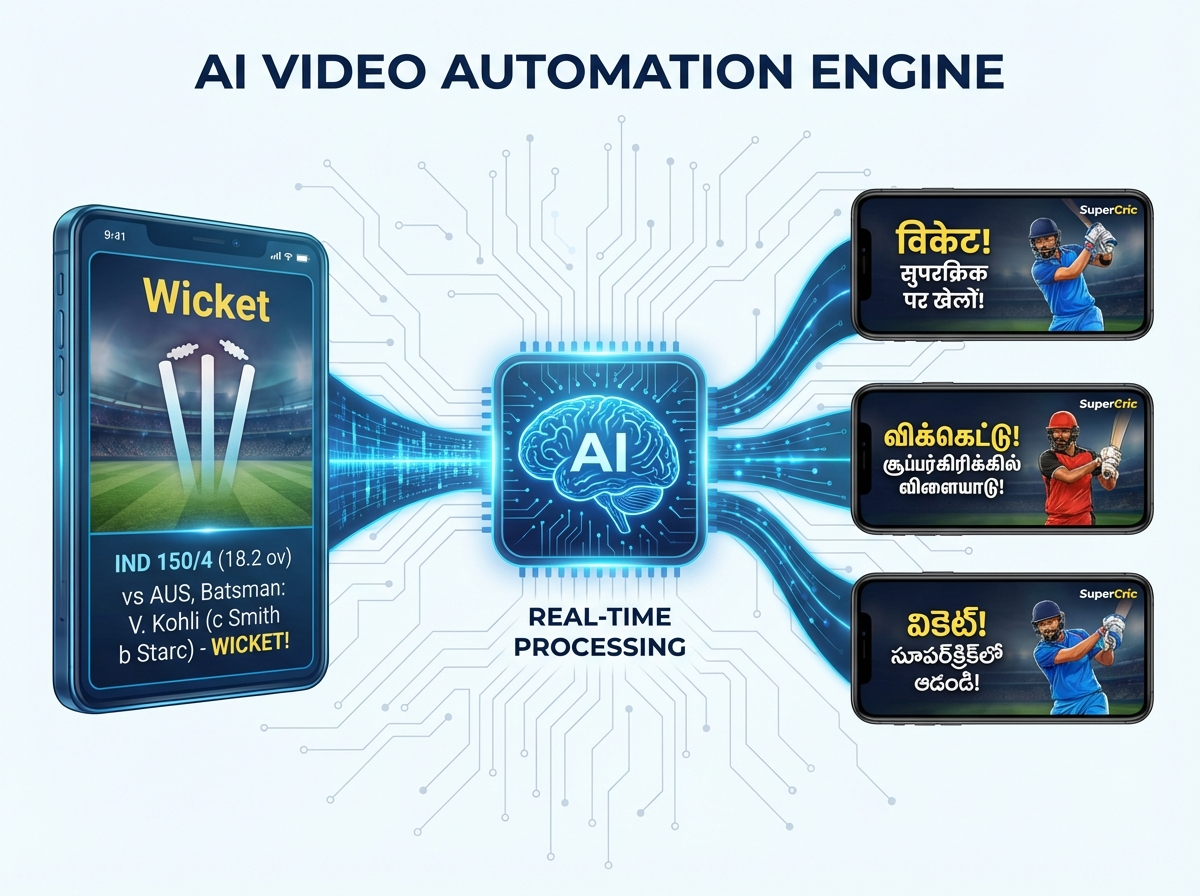 Diagram of a data-triggered, template-led AI video automation engine