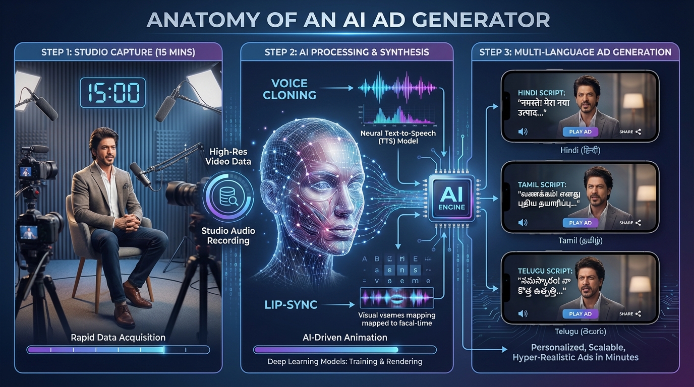 Multilingual celebrity ad automation workflow illustration