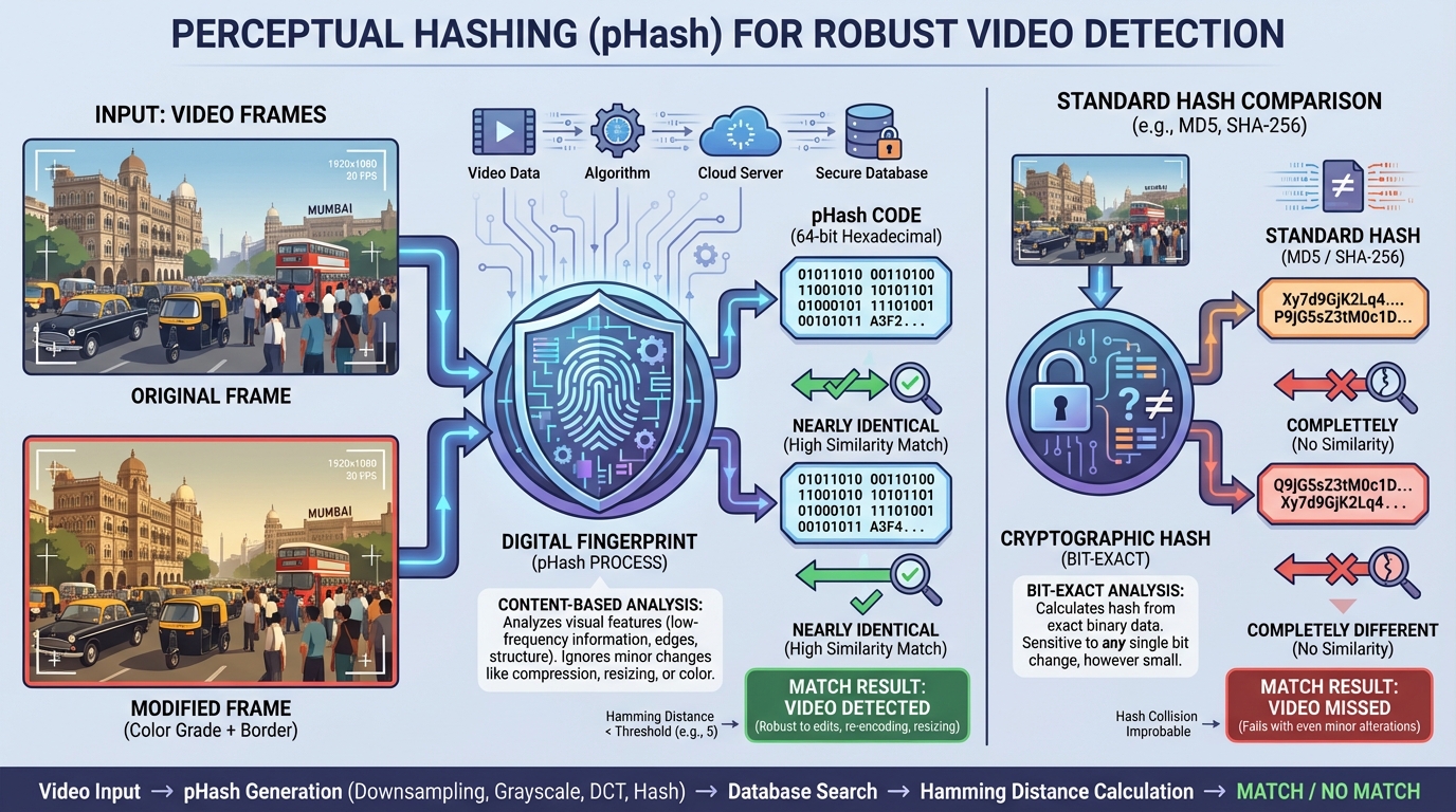 Diagram illustrating AI near-duplicate video detection workflow in 2026