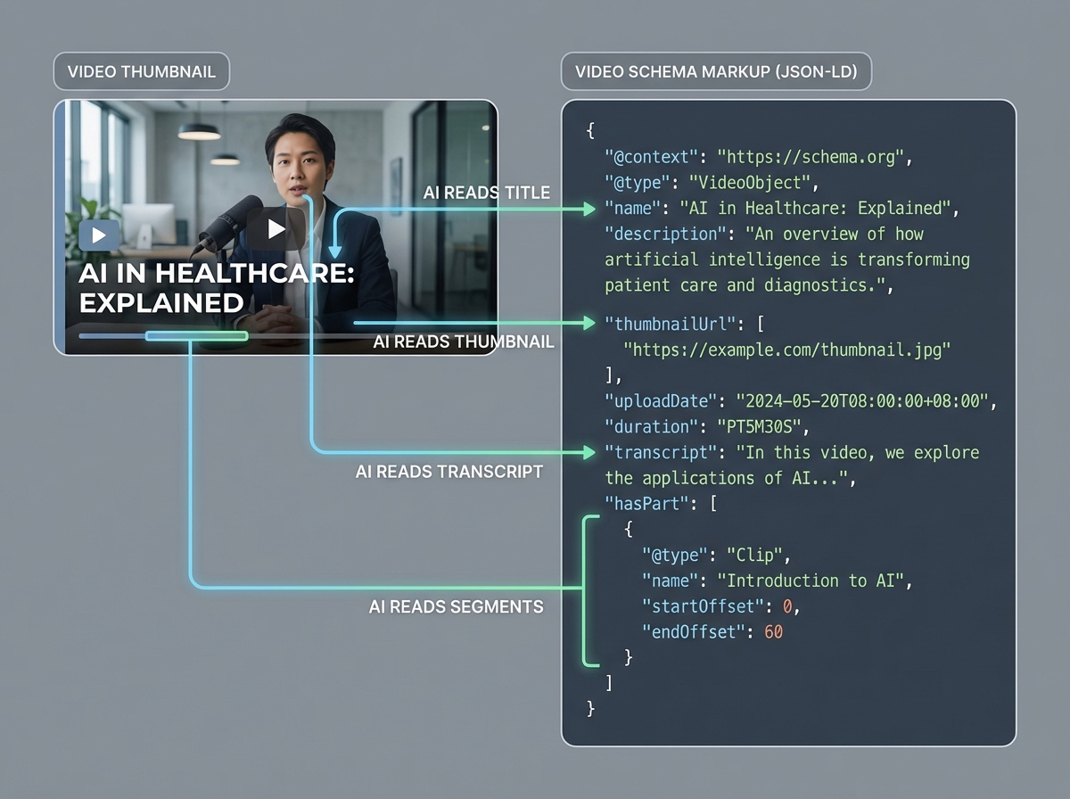 Diagram showing VideoObject, FAQ, and HowTo schema for video SEO
