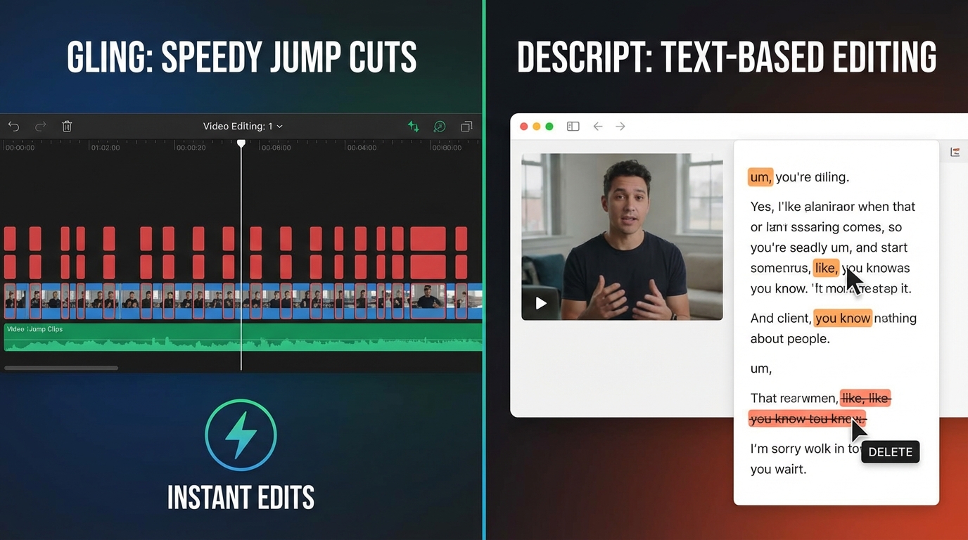 Illustration comparing Gling and Descript features for Indian creators