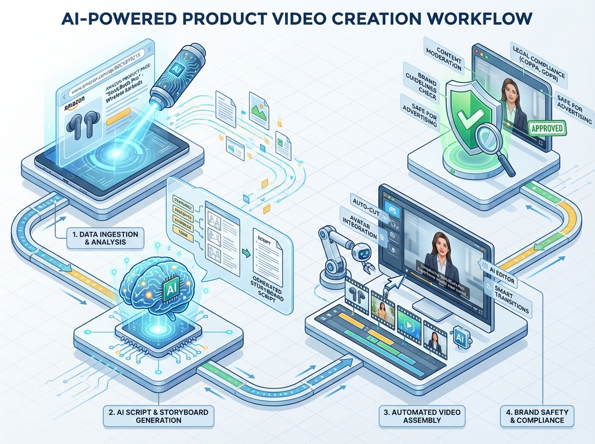 Workflow showing feed ingestion, dynamic pricing, and automated video updates