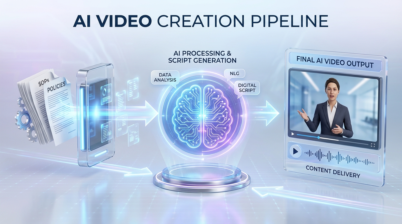 Diagram of AI-driven corporate training video pipeline from ingestion to multilingual rendering