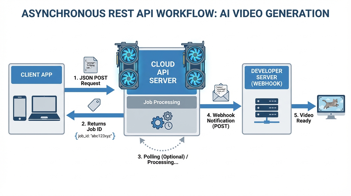 API-first AI video generation dashboard and workflow visualization