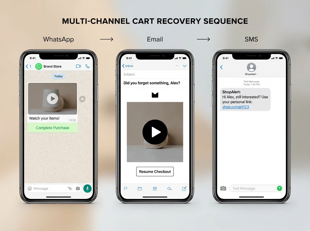 Illustration of AI video personalization for cart recovery on WhatsApp and email