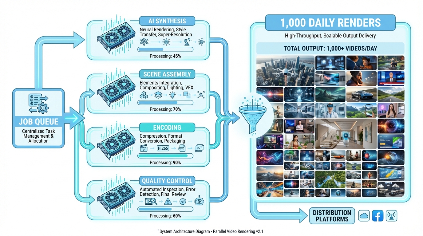 Distributed enterprise video rendering pipeline illustration