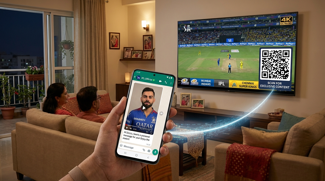 Illustration of second-screen connected TV engagement with QR code journeys