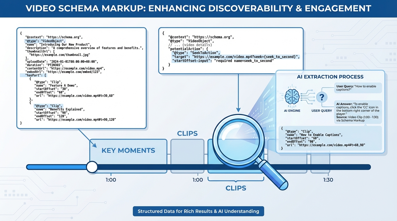 Diagram showing VideoObject, Clip, and SeekToAction schema relationships